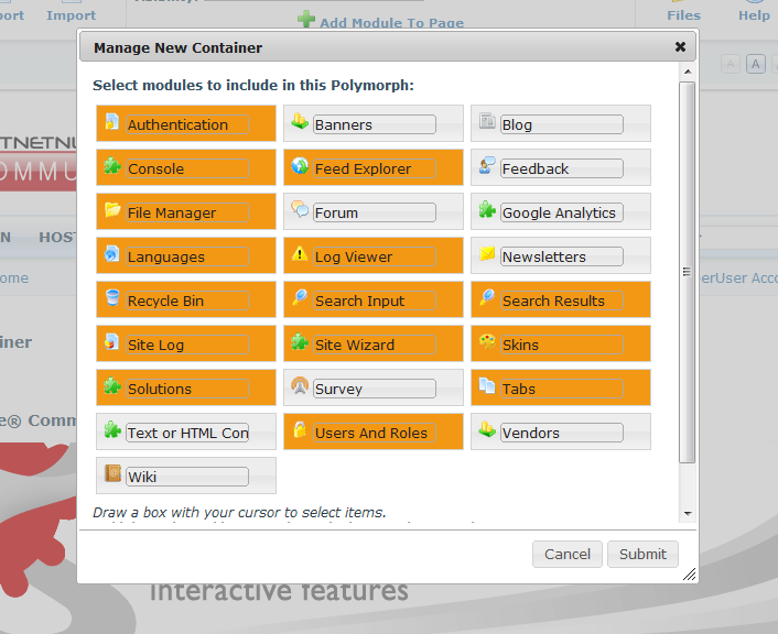 Screenshot illustrating the process of selecting modules to be part of a grouping