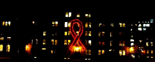 Aids ribbon on Grays Hall, Old Yard, Harvard