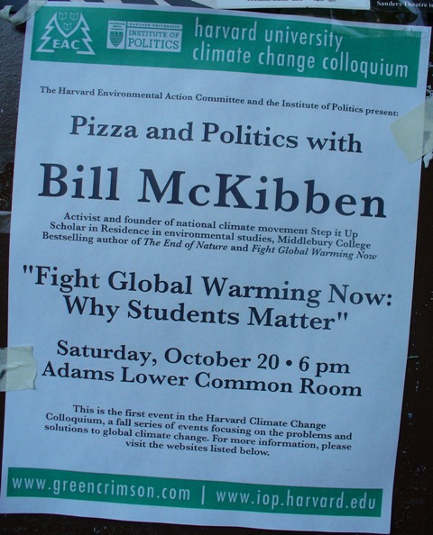 Poster for Bill McKibben's appearance at Harvard Oct. 20, 2007.