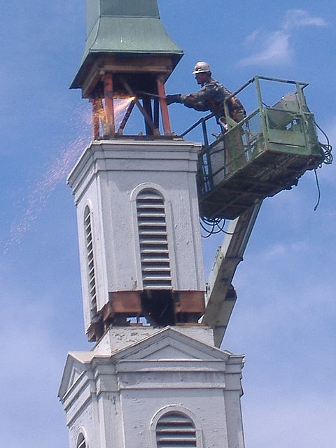 Cutting the top of the LDS Chapel steeple May 20, 2009.