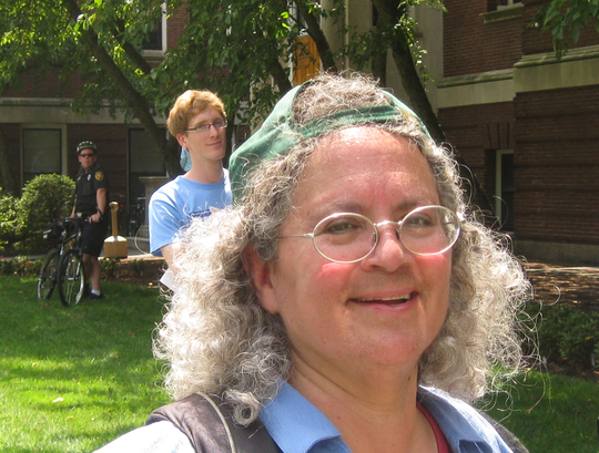 Joan Frankel in front of Pierce Hall where she works.