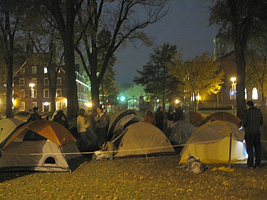 Tent City of Occupy Harvard in front of the John Harvard statue in the Old Yard, November 10, 2011