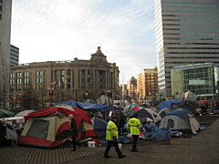View of Occupy Boston from the General Assembly area looking toward Sout6h Station on the morning after Menino's planned eviction.