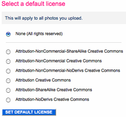Flickr default license selection screen