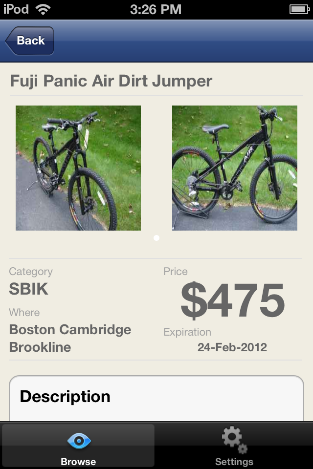 Craigslist bike listing
