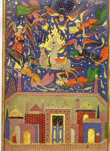 "The prophet Muhammad's miraculous night journey from Mecca to the Aqsa Mosque in Jerusalem, mounted on Buraq, his celestial steed, from a Falnamah." India, 1610-1630. This painting, from the Deccan, is part of the Nasser D Khalili collection. I took this picture from flickr user <a href="https://www.flickr.com/photos/bibliodyssey/3406423781" target="_blank">Paul K</a>.