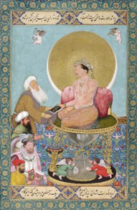 <em> Jahangir Preferring a Sufi Shaikh to Kings</em>, ca. 1615-18, Signed by Bichitr. Held by the Freer Gallery of Art, I took this image from their <a href="http://www.asia.si.edu/explore/worlds-within-worlds/zoom/jahangir-preferring-sufi-shaykh-to-kings.asp" target="_blank">website</a>