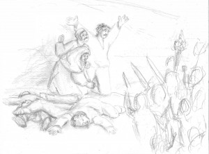 <em>Massacre at the Gulberg Society, a la Goya's The 3rd of May</em>. Pencil