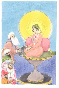 <em>Jahangir Preferring a Sufi Shaikh to Kings as an example of Mughal light imagery</em>. Watercolor.