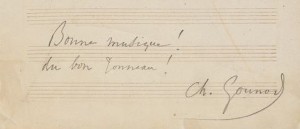 Handwritten congratulations by Gounod, on Lefebvre's "Duetto italien," Mus 735.386.571