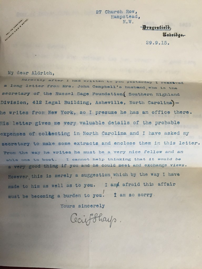 Letter from Sharp to Aldrich, Sept. 29, 1915, Ms. Coll. 131 (120)