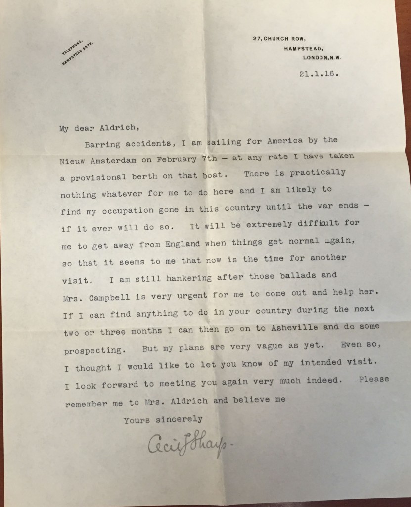 Letter from Sharp to Aldrich, Jan. 21, 1916, Ms. Coll. 131 (127)