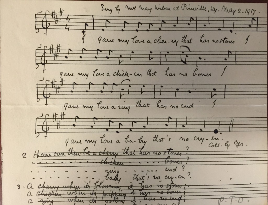 Ms. transcription of folk song "I gave my love a cherry"; accompanied letter from Sharp to Aldrich, May 10, 1917, Ms. Coll. 131 (136)